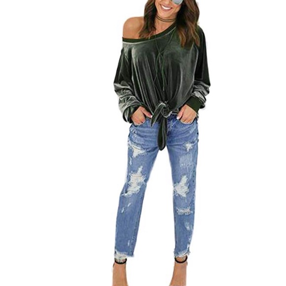 women velvet shirt off shoulder top blouse - Picture 3 of 7